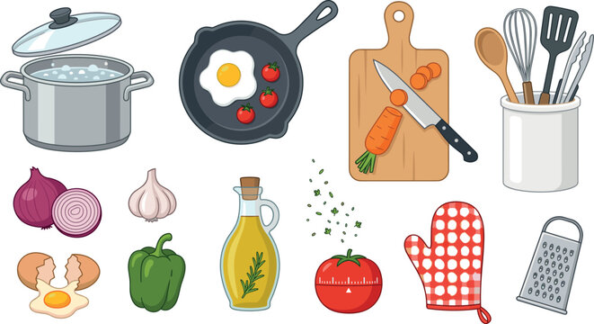 Kitchen utensils and cooking ingredients vector icon set featuring pots pans cutting boards fresh vegetables and culinary tools on white background
