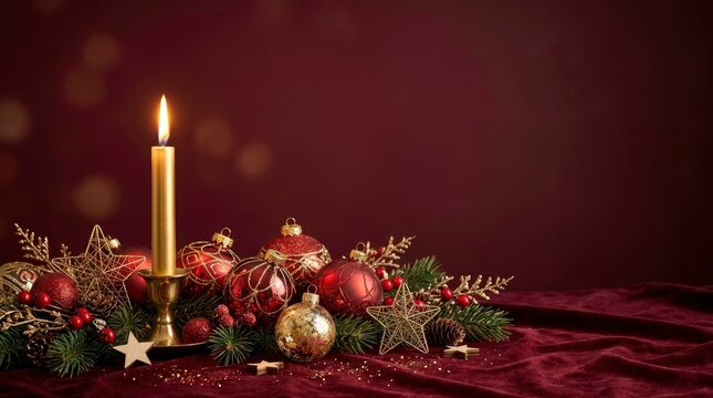 Elegant Christmas background with burning gold candle, red and gold ornaments, pine branches, and copy space on red velvet fabric