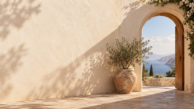 Mediterranean stone archway with potted olive tree overlooking serene sea landscape for relaxing coastal home decor aesthetic