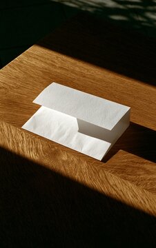 Blank white receipt folder resting on clean empty wooden surface in bright daylight