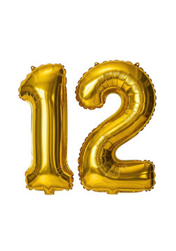 Shiny golden number twelve balloon for a birthday anniversary party celebration isolated on transparent background