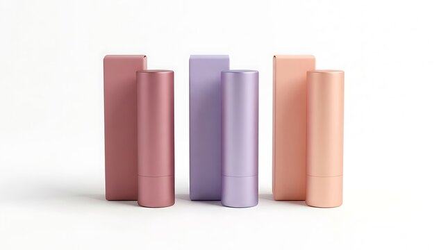 Three colorful lipstick tubes with matching cardboard packaging boxes standing in a row. premium lip care packaging