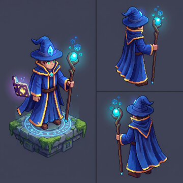 3D pixel art, isometric view full body game character of wizard with magic wand