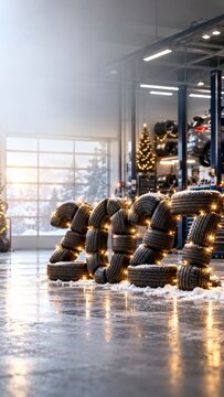 2027 made of automobile tires in garage, New Year automotive service concept with copy space