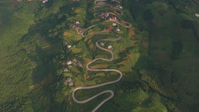 Aerial view of deo na tenh pass winding road in cao bang vietnam