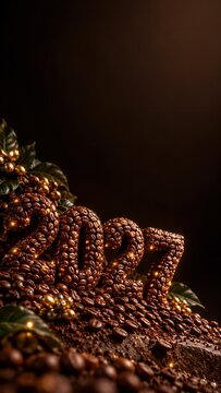 2027 made of roasted coffee beans on dark background, New Year cafe concept with copy space