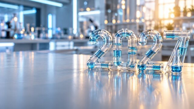 2027 made of laboratory glassware in modern lab, science New Year concept with copy space