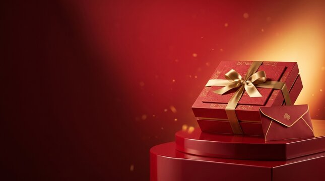 Elegant red gift box with gold ribbon and matching envelope on a pedestal