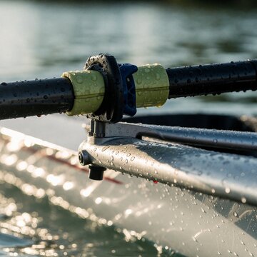 Close-up of wet rowing oar in oarlock at sunrise