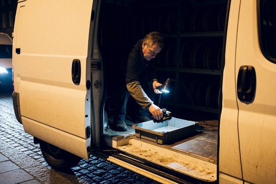 Worker using a flashlight to inspect a toolbox in the back of a van