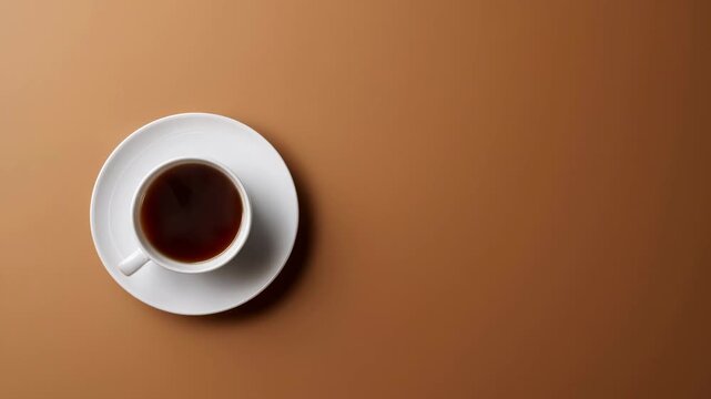 Coffee cup resting on a saucer over a warm brown tabletop with open copy space. Coffee advertising, cafe menu design, and hospitality marketing.