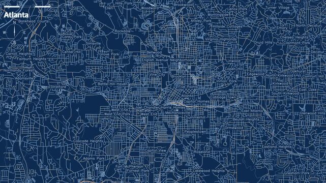 blueprint map of Atlanta, Georgia, displays its comprehensive street network and neighborhoods, flowing lights representing traffic, loopable animation