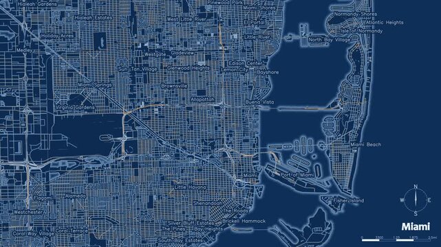 Blueprint map of Miami dynamically illustrates data and traffic flowing across its complex urban infrastructure, presenting a smart city overview, loopable animation