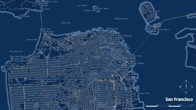 blueprint map of San Francisco reveals its intricate street grid and iconic Bay Area landmarks, flowing lights representing traffic, loopable animation