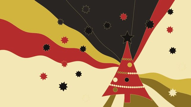 A retro-styled christmas tree dynamically changes colors and patterns against abstract wavy background of red, black, and gold