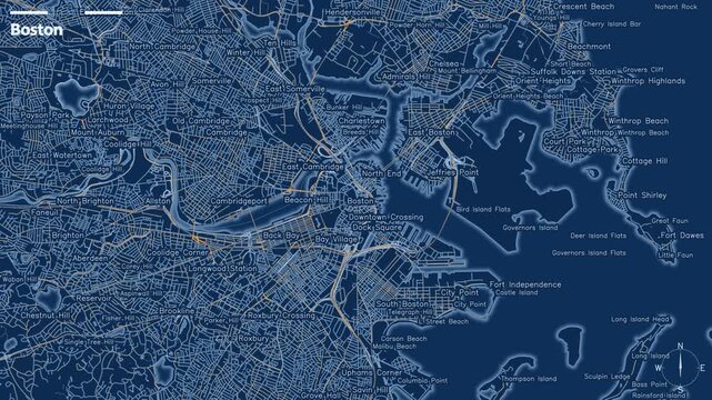 Blueprint map of Boston showcases intricate urban routes, dynamically highlighting key pathways for modern navigation