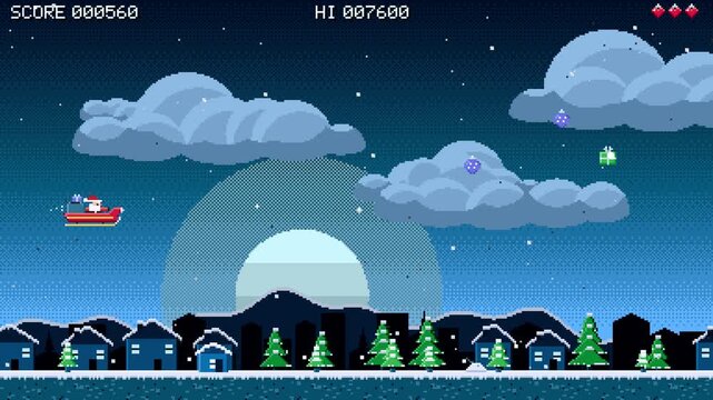 Santa's sleigh flies through a festive pixel art snowy village, retro computer game style, battling enemies and concluding with a 'MERRY CHRISTMAS!' message