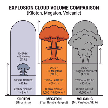 Detailed Infographic Comparing Explosion Cloud Volumes and Altitudes of Nuclear Detonations and Volcanic Eruptions showing Kiloton Megaton and Gigaton Energy Levels and Scale Ratios
