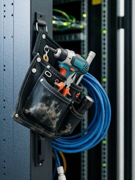 Technician tool belt hanging on server rack in data center