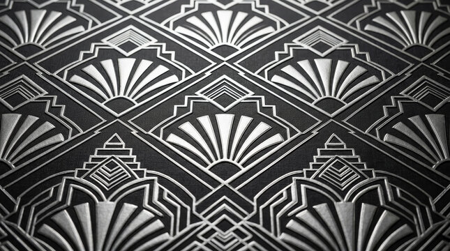 Silver geometric Art Deco pattern on a dark textured background. Vintage 1920s style metallic fan and diamond wallpaper design. Elegant retro backdrop