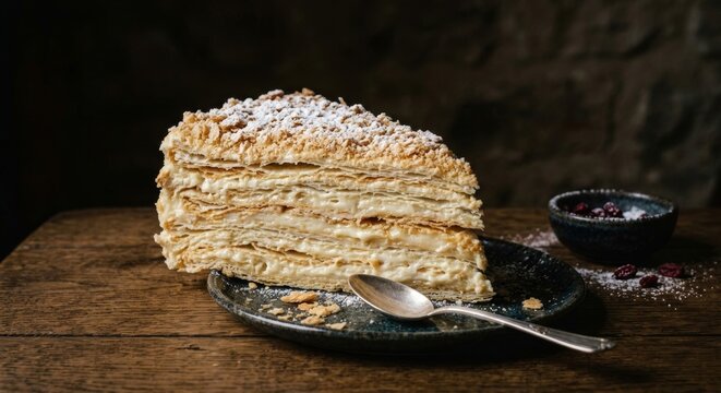 Slice of classic Napoleon cake with puff pastry layers and custard cream dusted with powdered sugar