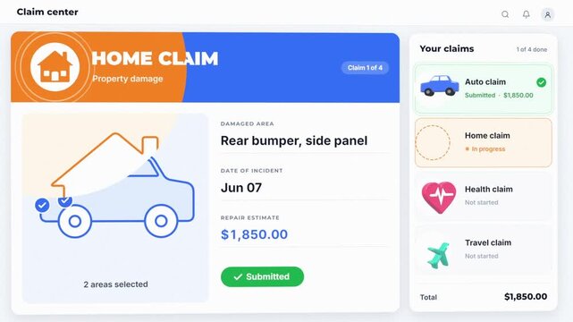 Online insurance claim dashboard filing auto, home, health and travel claims with total amount counter