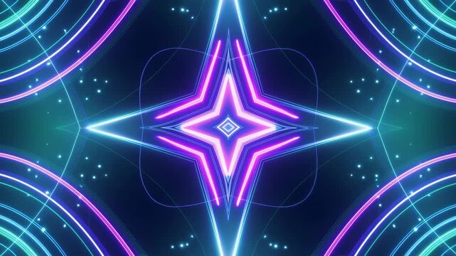 Symmetrical neon geometric shapes pulse and morph in an abstract digital space. Music visualizer, technology presentation, and title sequence.