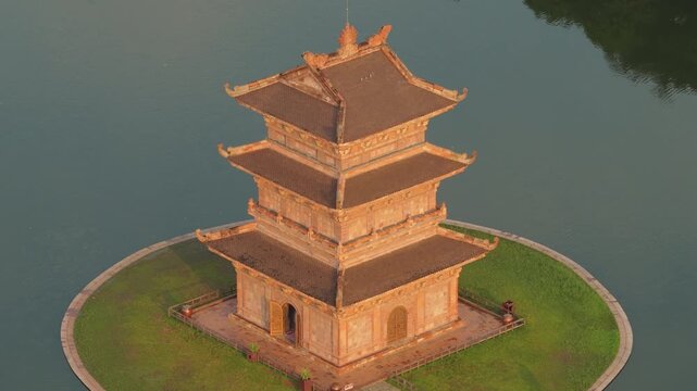 Aerial view of a traditional vietnamese pagoda at sunrise in hoa lu