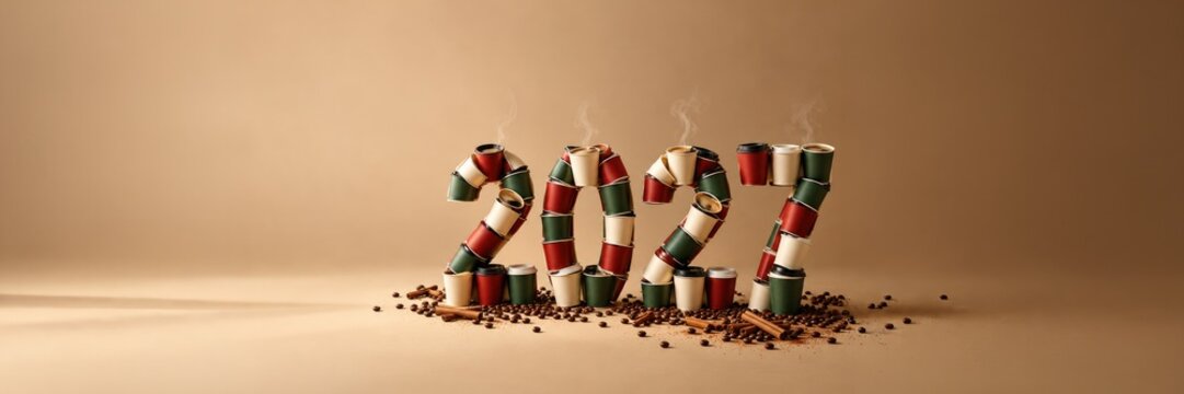 2027 made of steaming takeaway coffee cups, New Year cafe concept with copy space