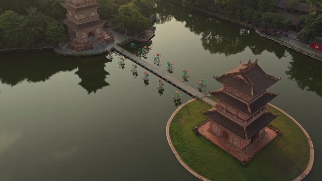 Aerial view of hoa lu pagoda at sunrise in ninh binh, vietnam