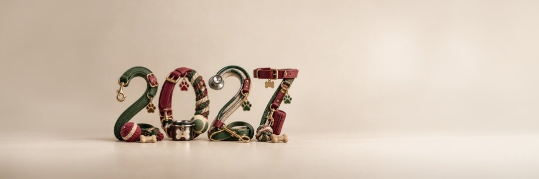 2027 made of pet collars, leashes and accessories, New Year animal care concept with copy space