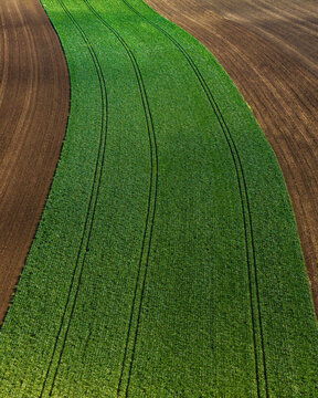 Aerial view of a vibrant green field with distinct tractor tracks, bordered by dark brown plowed soil in Lower Austria, Austria.