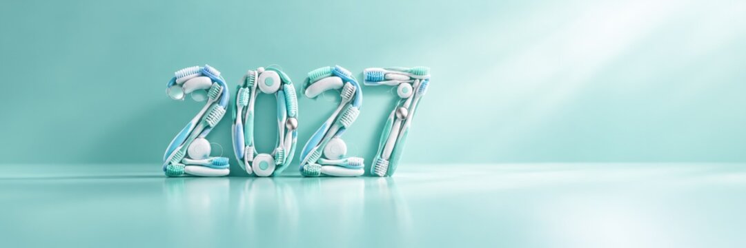 2027 made of toothbrushes and dental care items, New Year oral hygiene concept with copy space