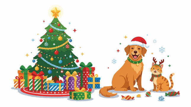 A golden retriever and a tabby cat dressed in Christmas attire sit beside a decorated Christmas tree and presents. The dog wears a Santa hat and the cat sports reindeer antlers