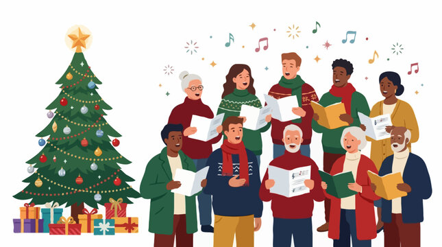 A diverse group of people joyfully singing carols next to a beautifully decorated Christmas tree. Musical notes float in the air, enhancing the festive atmosphere