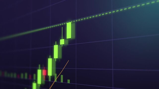 Candlestick chart animation with rising trend, sharp red crash and green breakout recovery on dark grid
