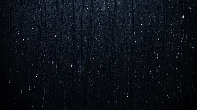 Rain droplets slide down a dark glass surface in a moody atmospheric texture. Rain overlay, weather-themed title sequence, and moody social media design.