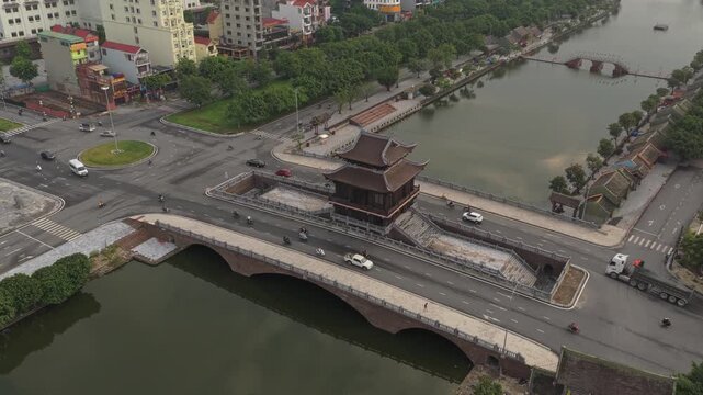 Aerial view of historic hoa lu ancient capital city bridge in vietnam