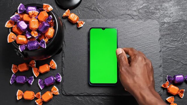 Dark Skinned Hand Placing Green Screen Smartphone On Black Slate Board Beside Cauldron Of Wrapped Halloween Candy