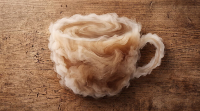 Fluffy cream smoke cloud shaped like a mocha cup with handle on a brown wood surface background, top view