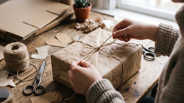 Hands tying string around a brown paper package on a rustic wooden table
