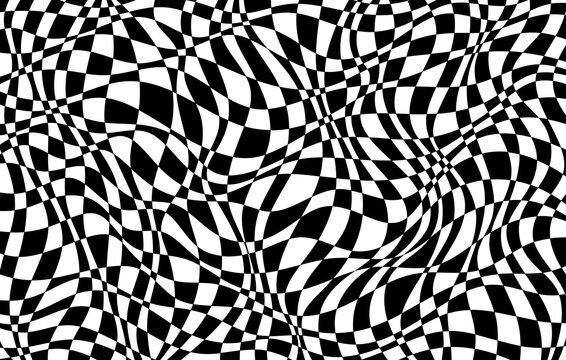 An abstract black-and-white pattern that creates an optical illusion, featuring distorted, wavy chequerboard squares. The geometric background creates a dynamic 3D visual effect for contemporary desig