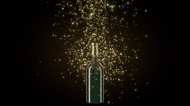 Champagne bottle cork popping with gold glitter particles bursting upward and drifting down on black