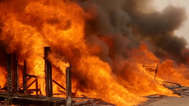 Industrial structure burns intensely at a disaster site as flames consume charred framework and thick. Fire safety training, industrial risk communication.