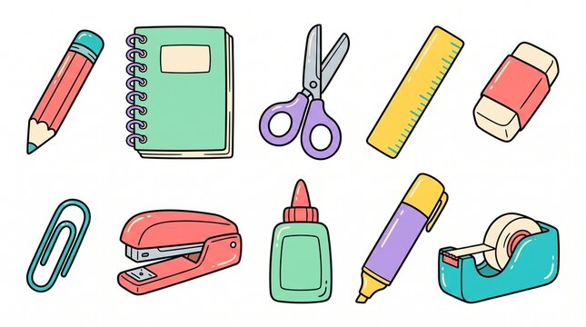 Colorful school stationery doodle set with notebook pencil scissors