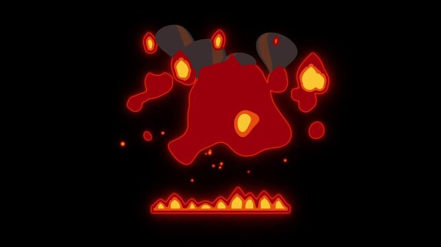 Cartoon fireball falling and exploding into mushroom cloud with flames, smoke and burning ground fire
