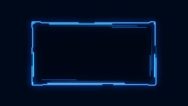 Electric blue neon lines form a segmented rectangular frame in a dark digital space. Title card, gaming intro, and technology promo.