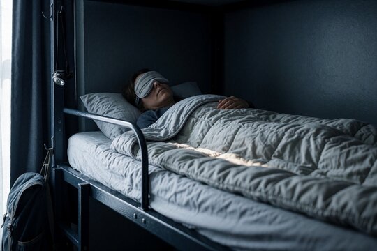 Person sleeping in a hostel bunk bed wearing an eye mask