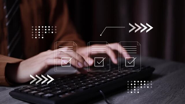 Business professional verifying digital documents with compliance inspection, quality control, and approval validation to ensure accuracy, regulatory standards, and reliable document management.