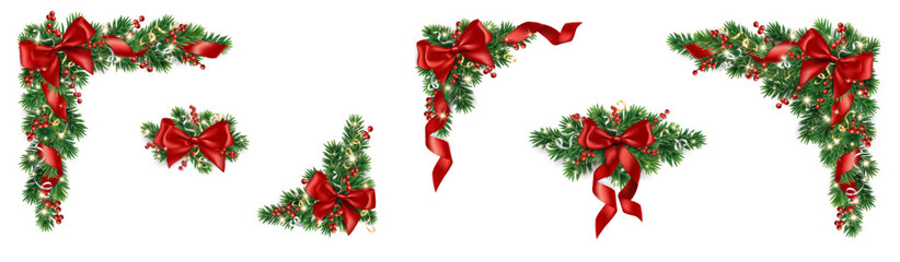 Christmas set of corner decorations and element collection with red bow, pine branch, berries, and ribbons. Festive tree element set. Transparent background in vector file. © Olga Prozorova